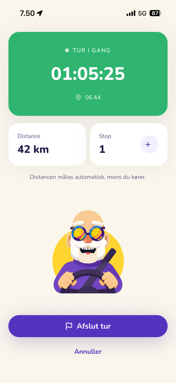 MILOQ med en tur i gang: stopur på 01:05:25, 42 km og ét stop