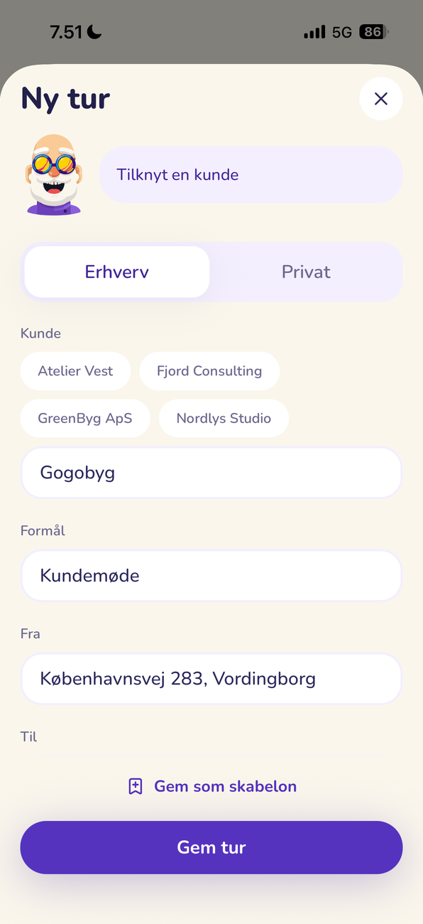 MILOQ Ny tur: erhverv eller privat, valg af kunde og formål