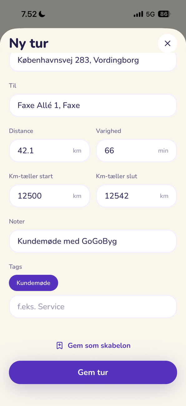 MILOQ Ny tur: distance, varighed, km-tæller, noter og tags
