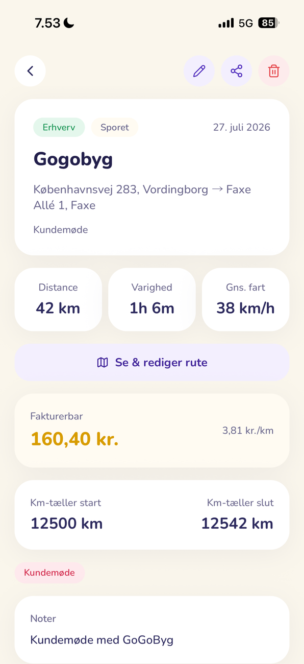 MILOQ turdetaljer: 42 km, 1t 6m, fakturerbar 160,40 kr. og knap til at rette ruten